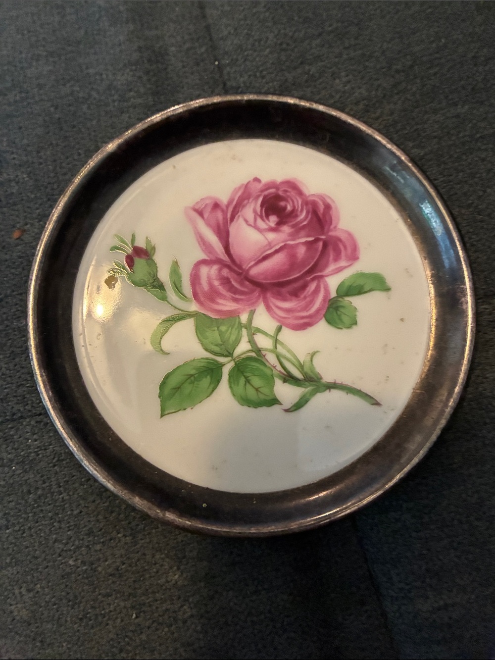 West Germany Porcelain Rose Trinket Dish with Silver-Tone Rim